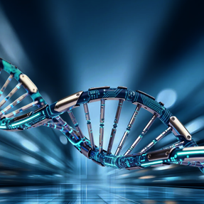 Eine horizontal verlaufende DNA-Doppelhelix. Die Strang-Elemente bestehen aus hellblau leuchtenden Platinen und elektronischen Bauteilen. Der Hintergrund zeigt eine leicht unscharfe, bläuliche Hightech-Umgebung.
